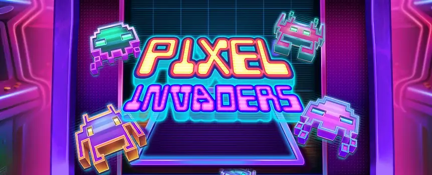 Join the cosmic chaos in Pixel Invaders at SlotsLV! Spin for cascading wins, Free Spins with morphing symbols, and thrilling cluster payouts.